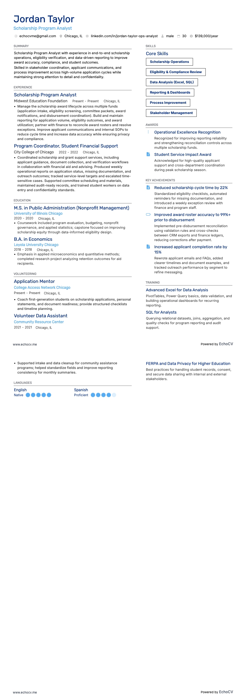 Scholarship Program Analyst example resume