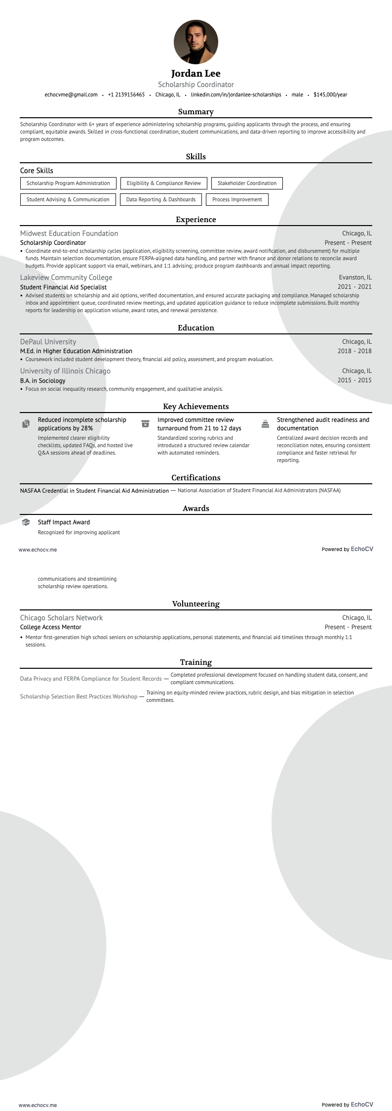 Scholarship Coordinator example resume