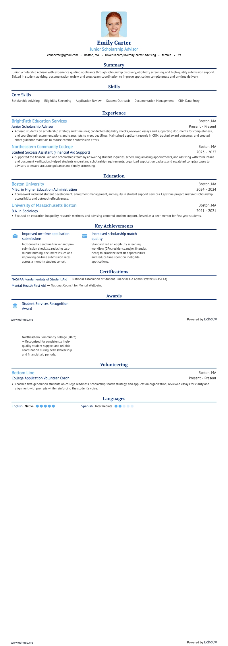 Junior Scholarship Advisor example resume