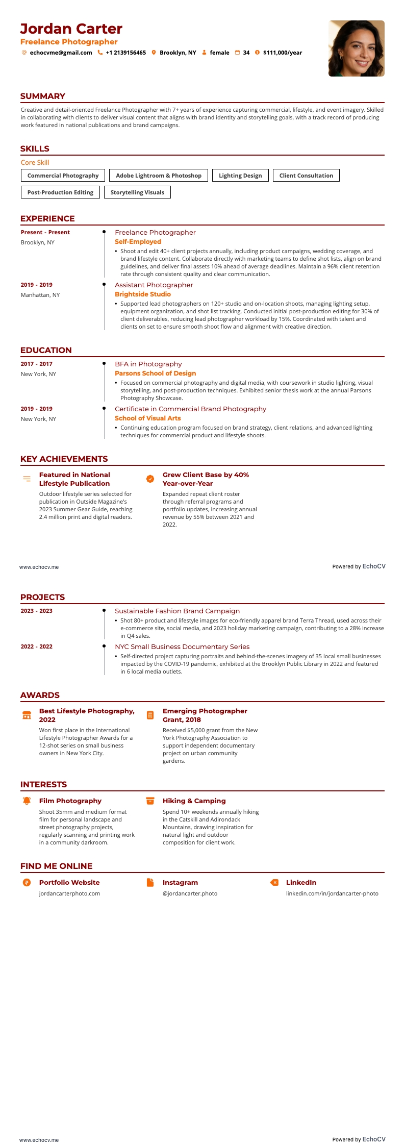 Freelance Photographer example resume