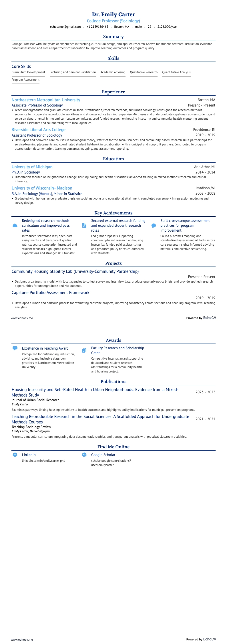 College Professor example resume