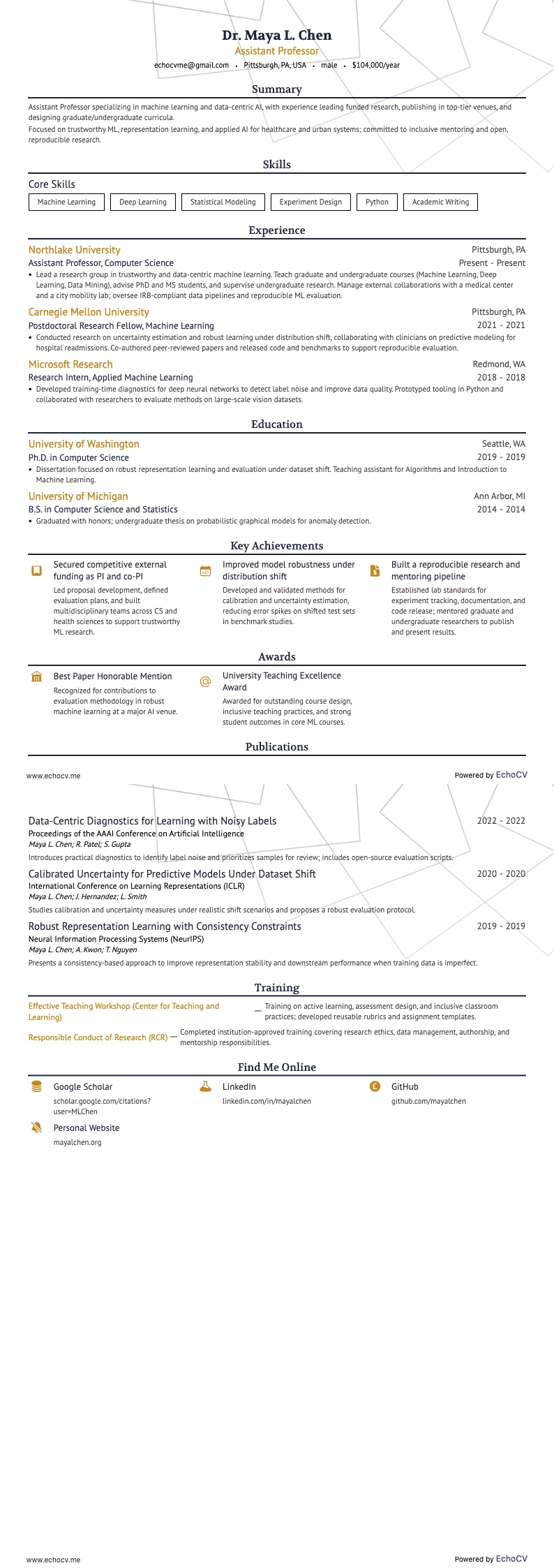 Assistant Professor example resume