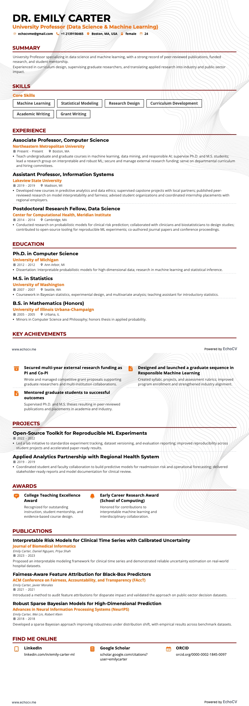 University Professor example resume