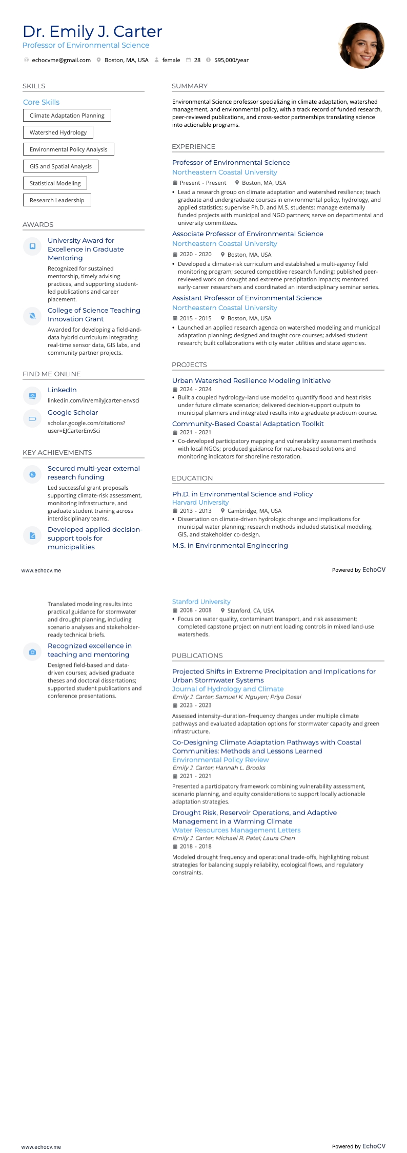 Professor of Environmental Science example resume