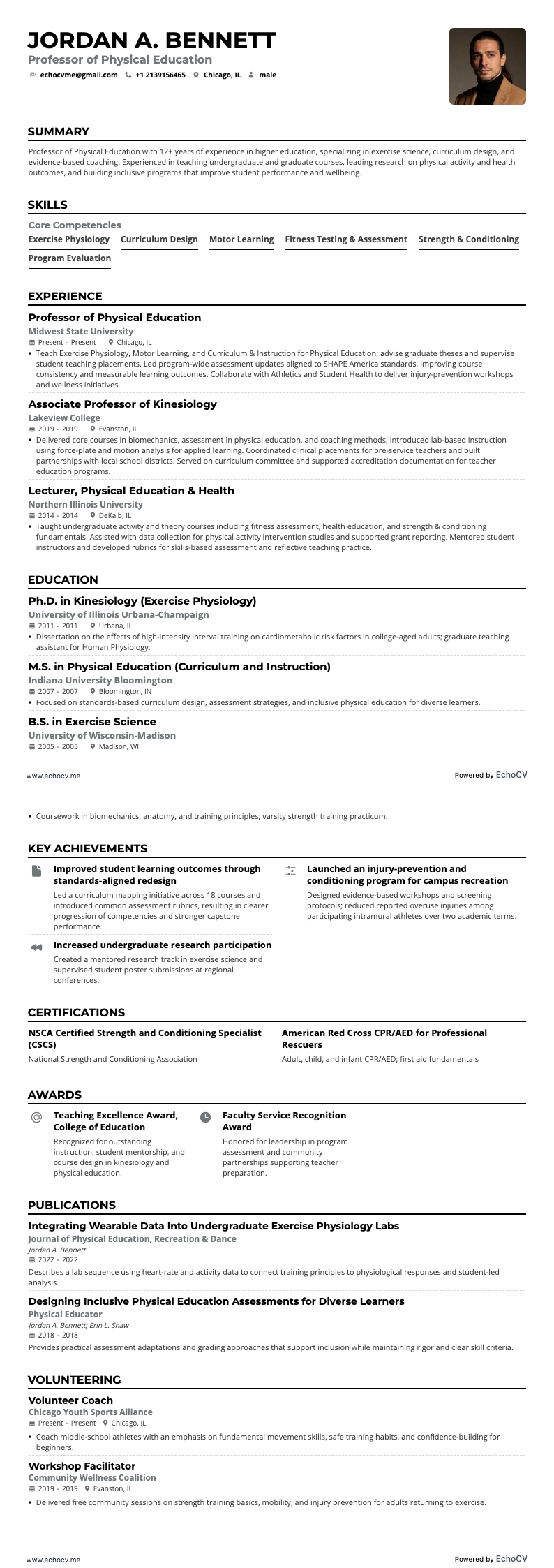 Professor of Physical Education example resume