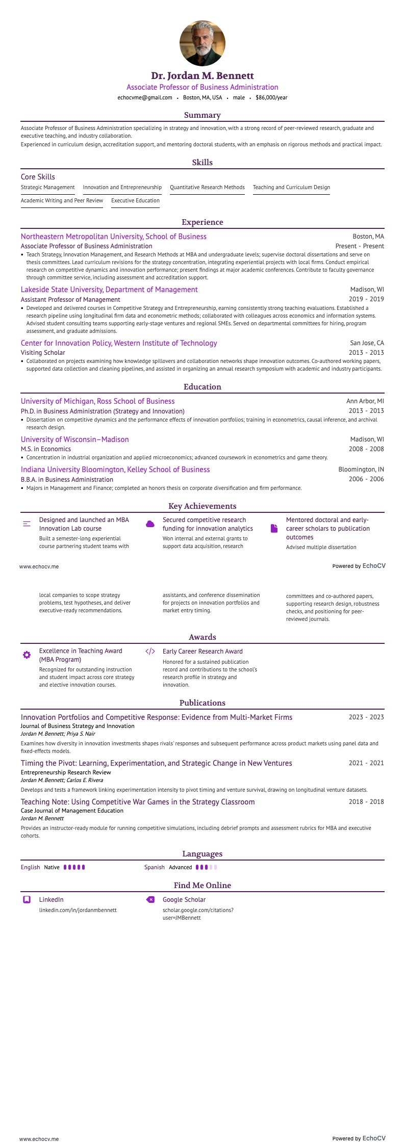 Associate Professor of Business Administration example resume