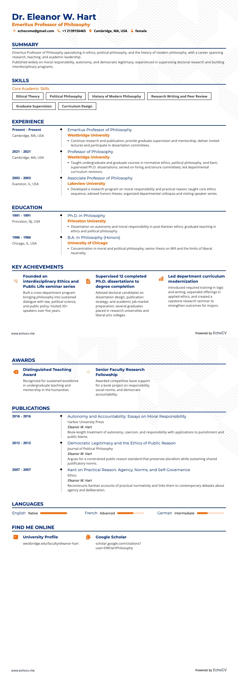 Emeritus Professor of Philosophy example resume