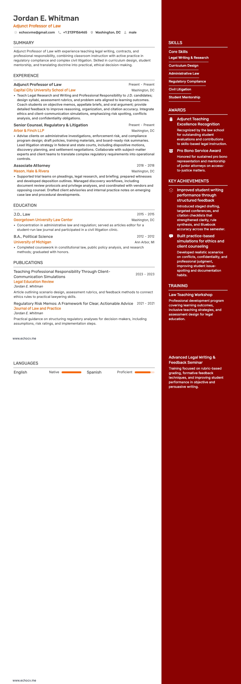 Adjunct Professor of Law example resume