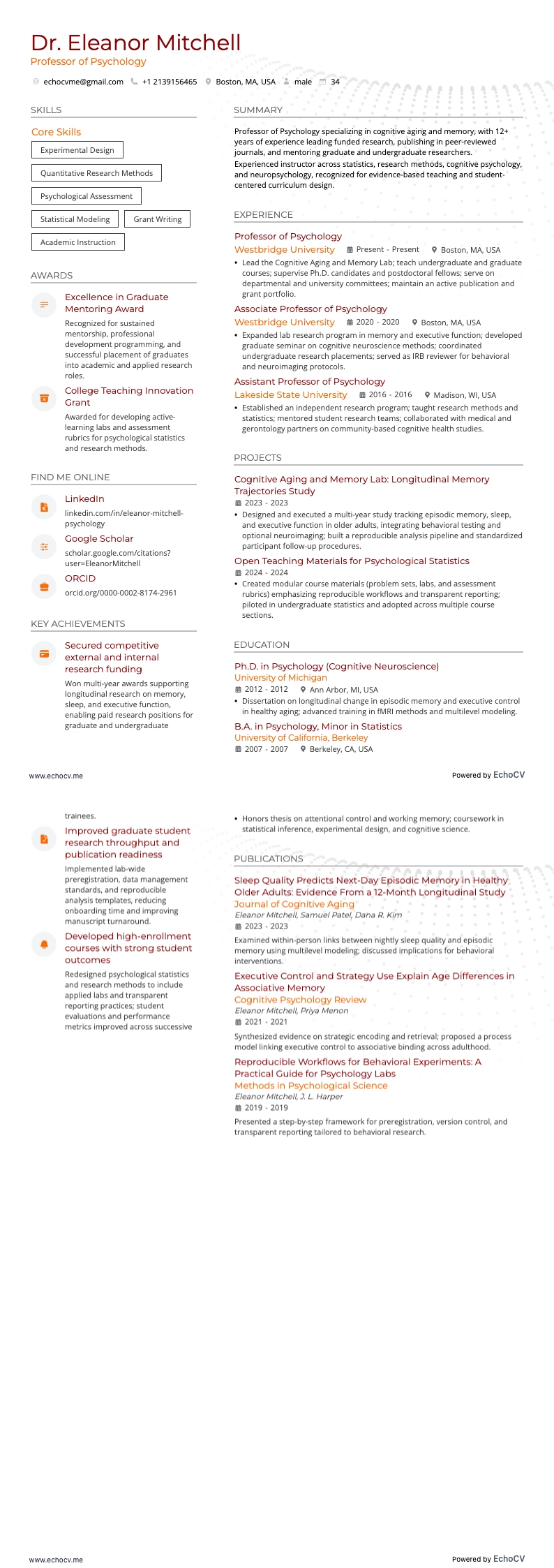 Professor of Psychology example resume