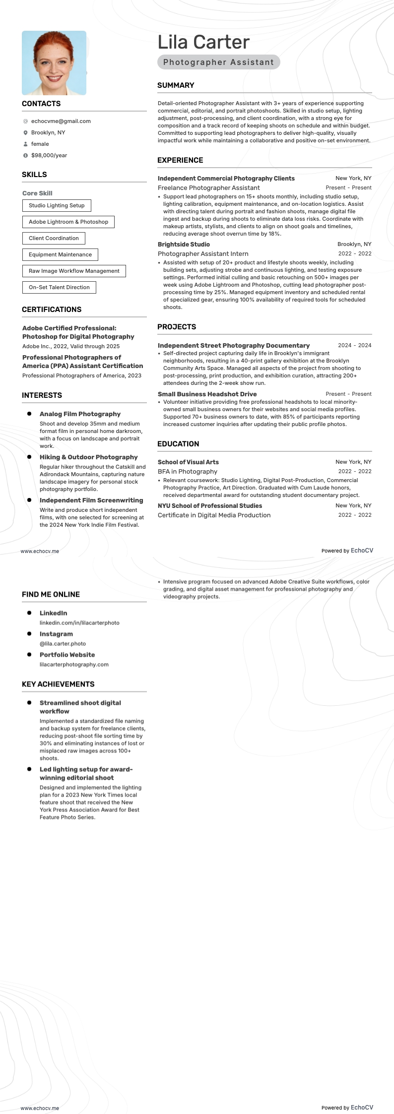 Photographer Assistant example resume