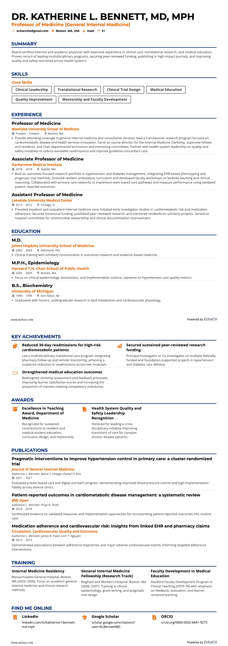 Professor of Medicine example resume