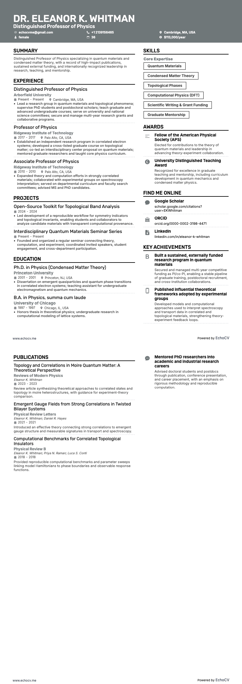 Distinguished Professor of Physics example resume
