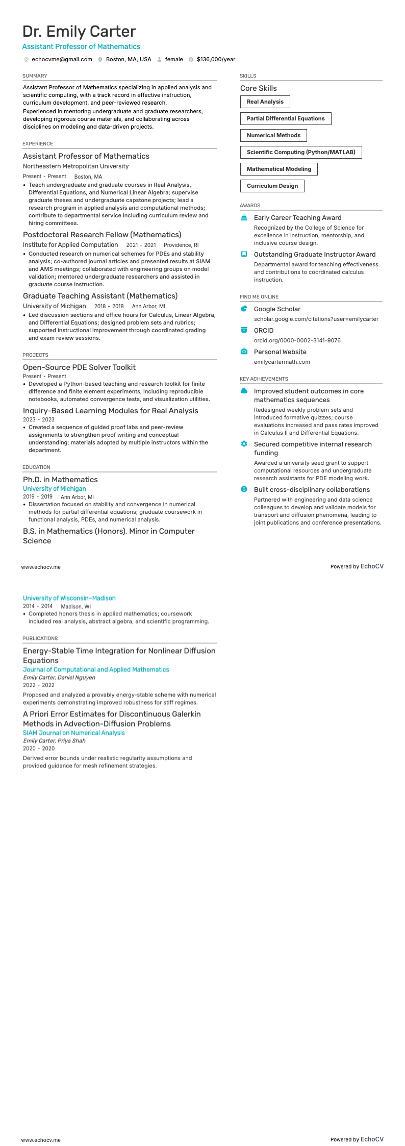 Assistant Professor of Mathematics example resume