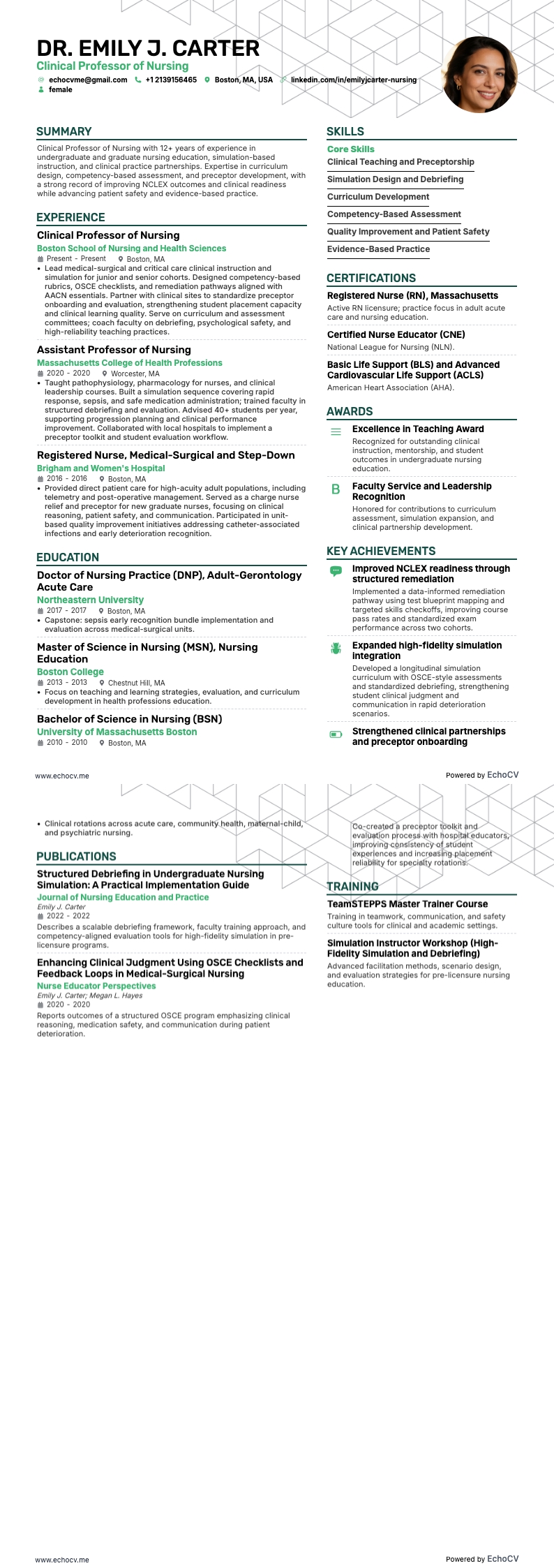 Clinical Professor of Nursing example resume