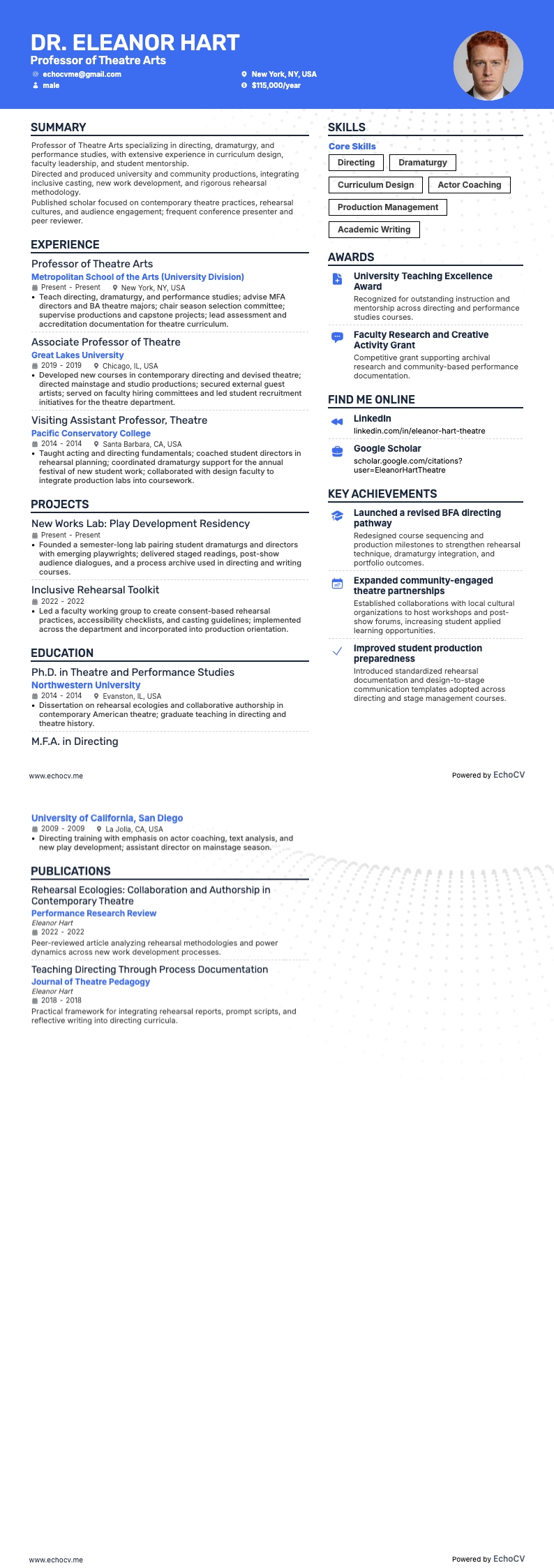 Professor of Theatre Arts example resume