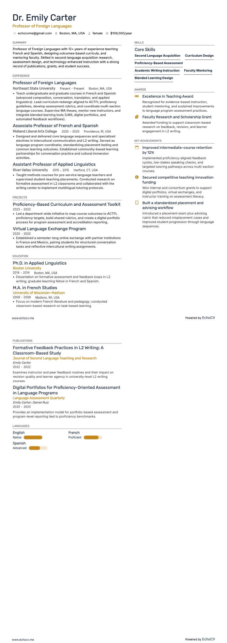 Professor of Foreign Languages example resume