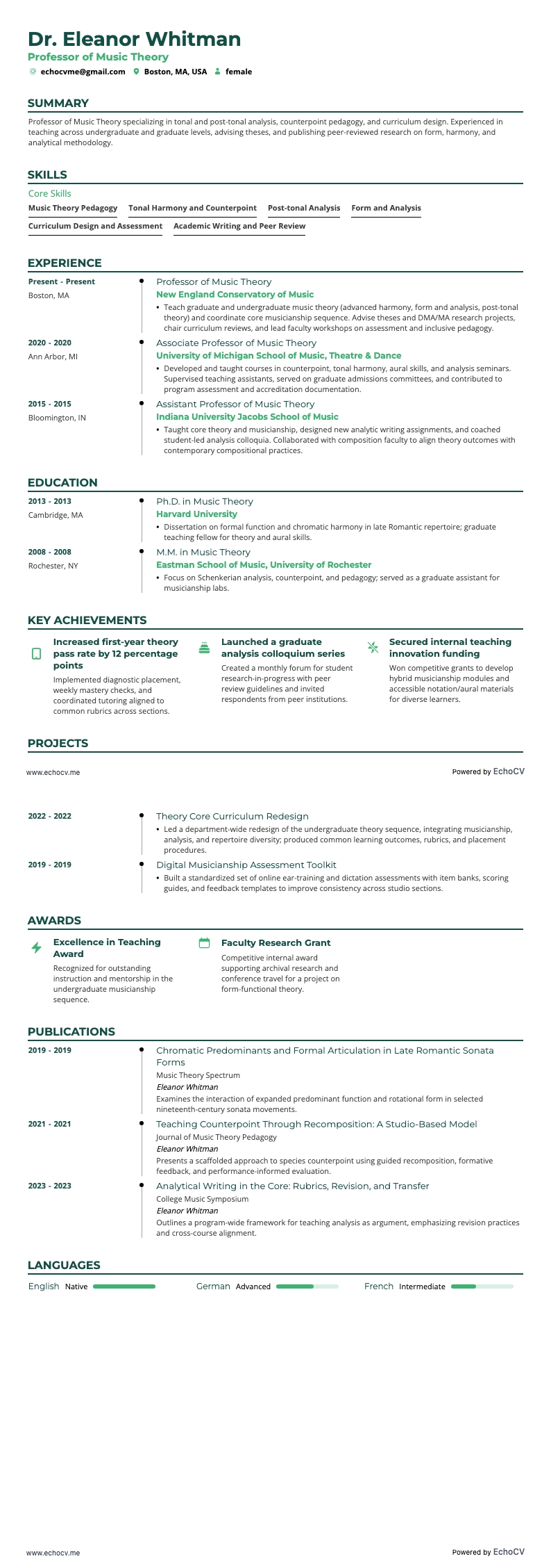 Professor of Music Theory example resume