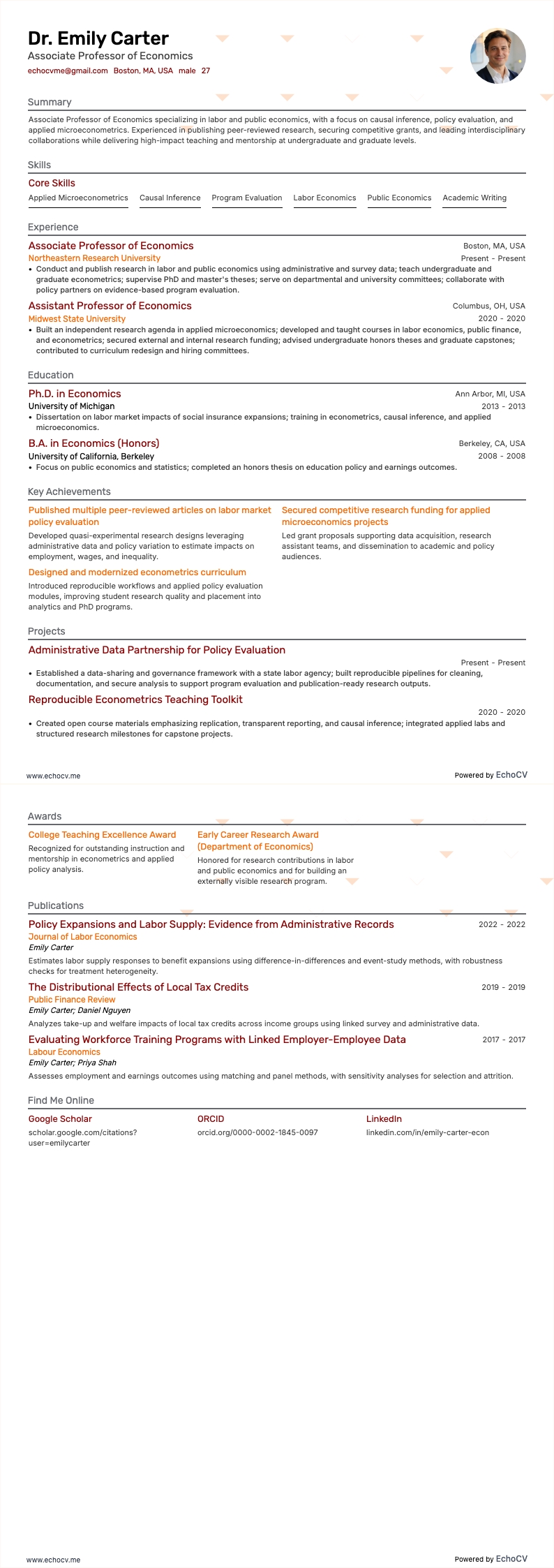 Associate Professor of Economics example resume