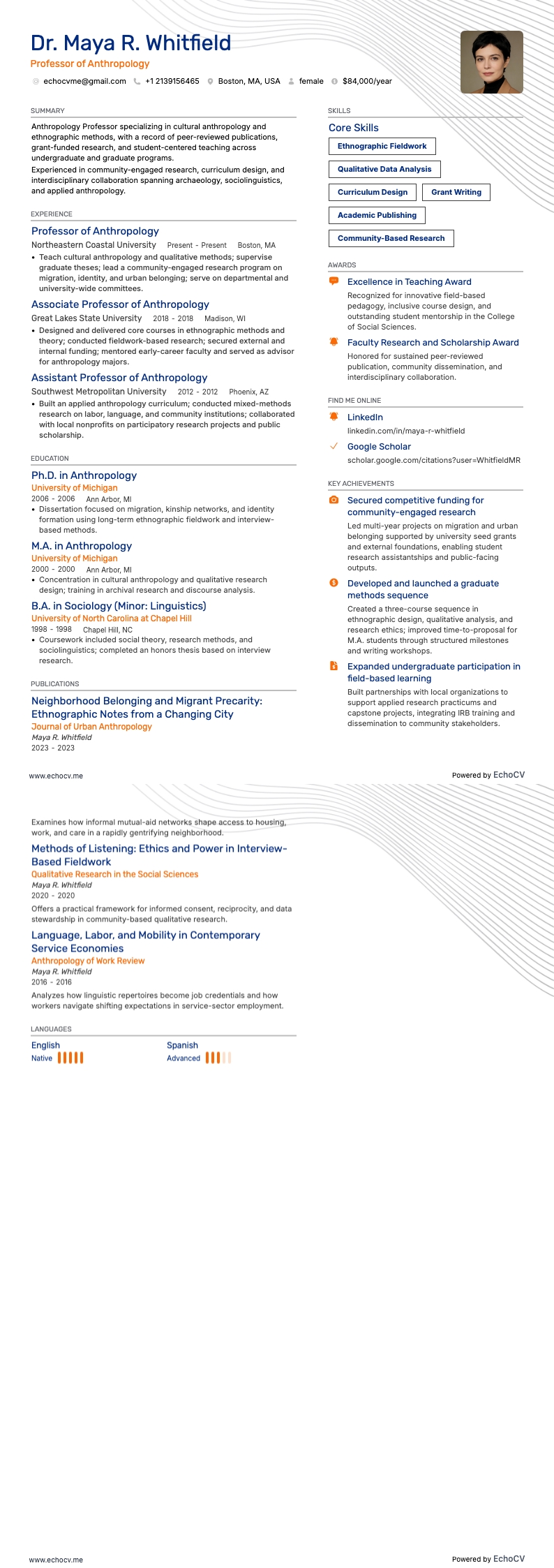 Professor of Anthropology example resume