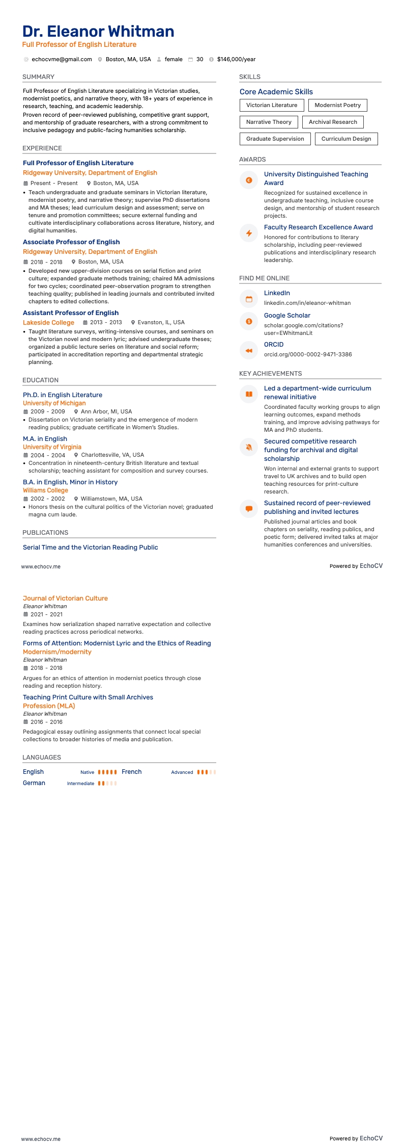 Full Professor of English Literature example resume