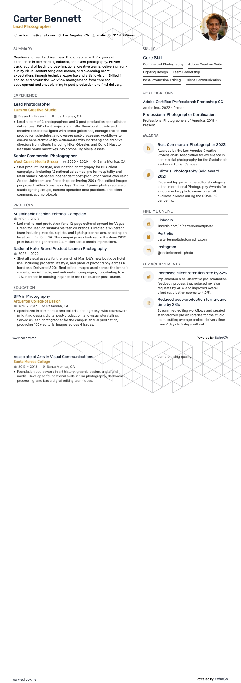 Lead Photographer example resume