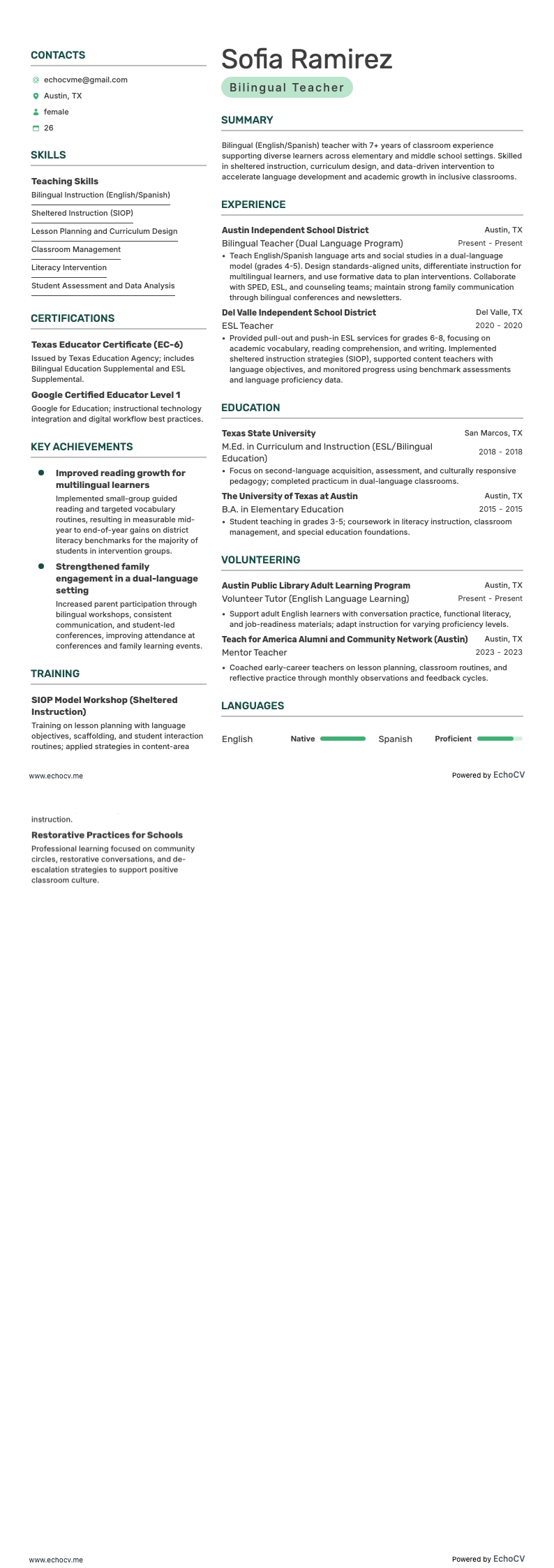 Tweetalige leraar example resume