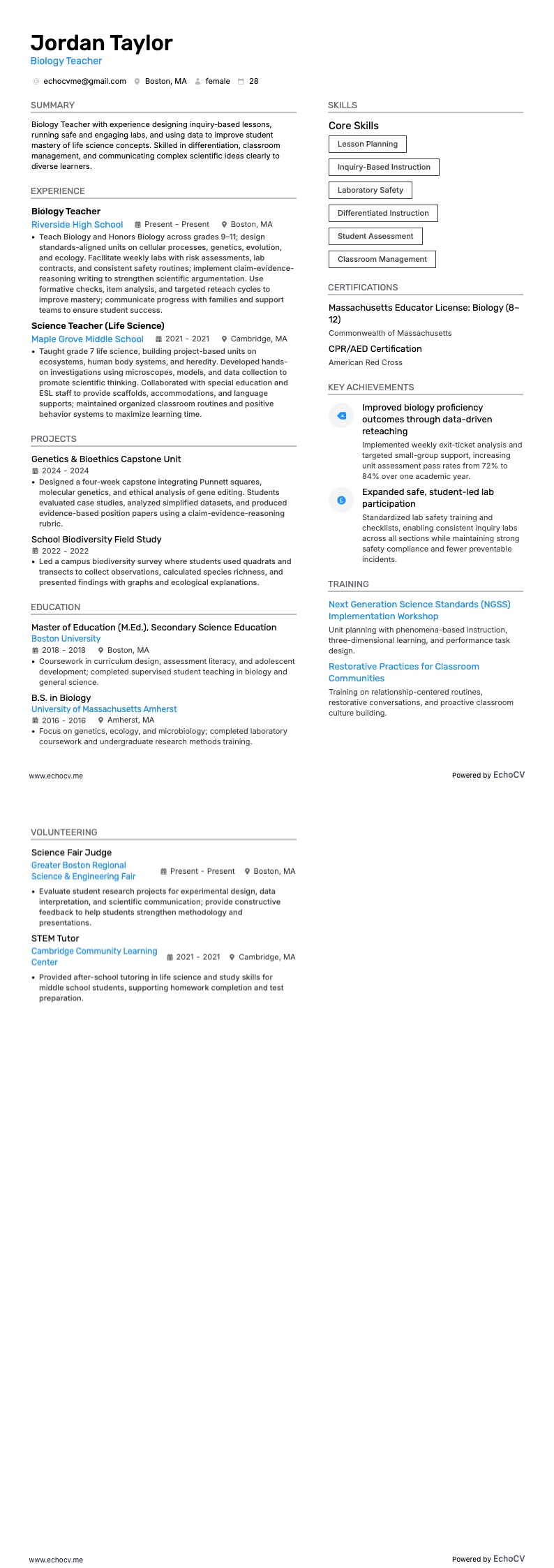 Biologiedocent example resume