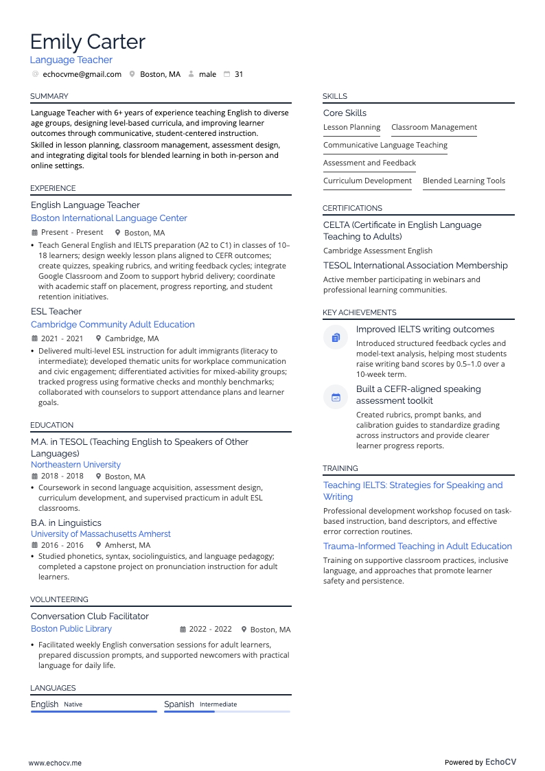 Taaldocent example resume