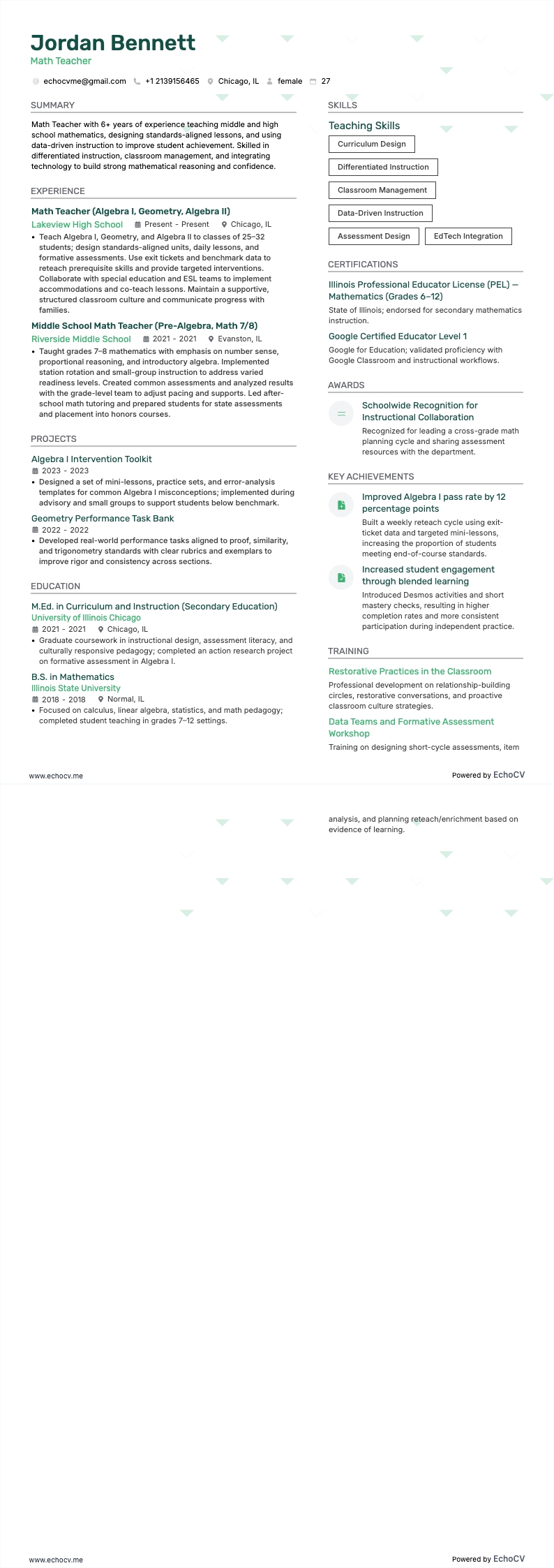 Wiskundeleraar example resume