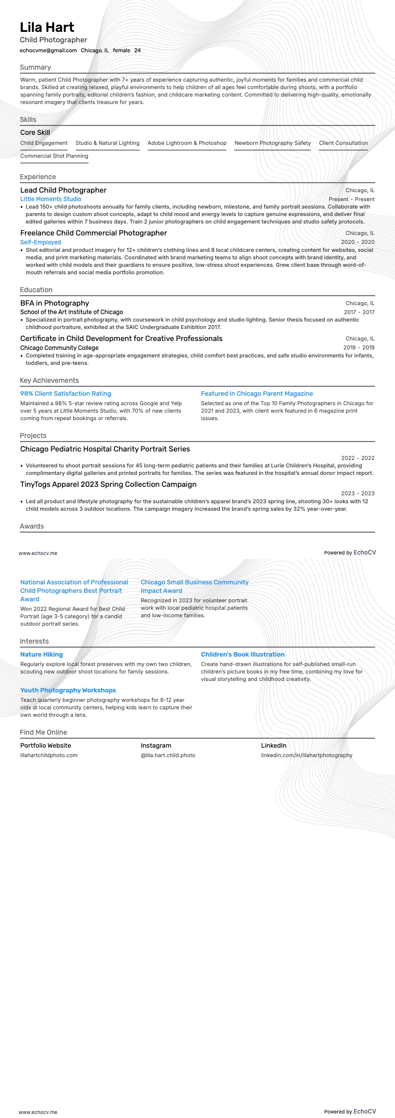 Child Photographer example resume