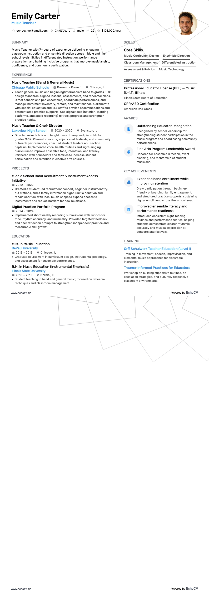 Muziekleraar example resume