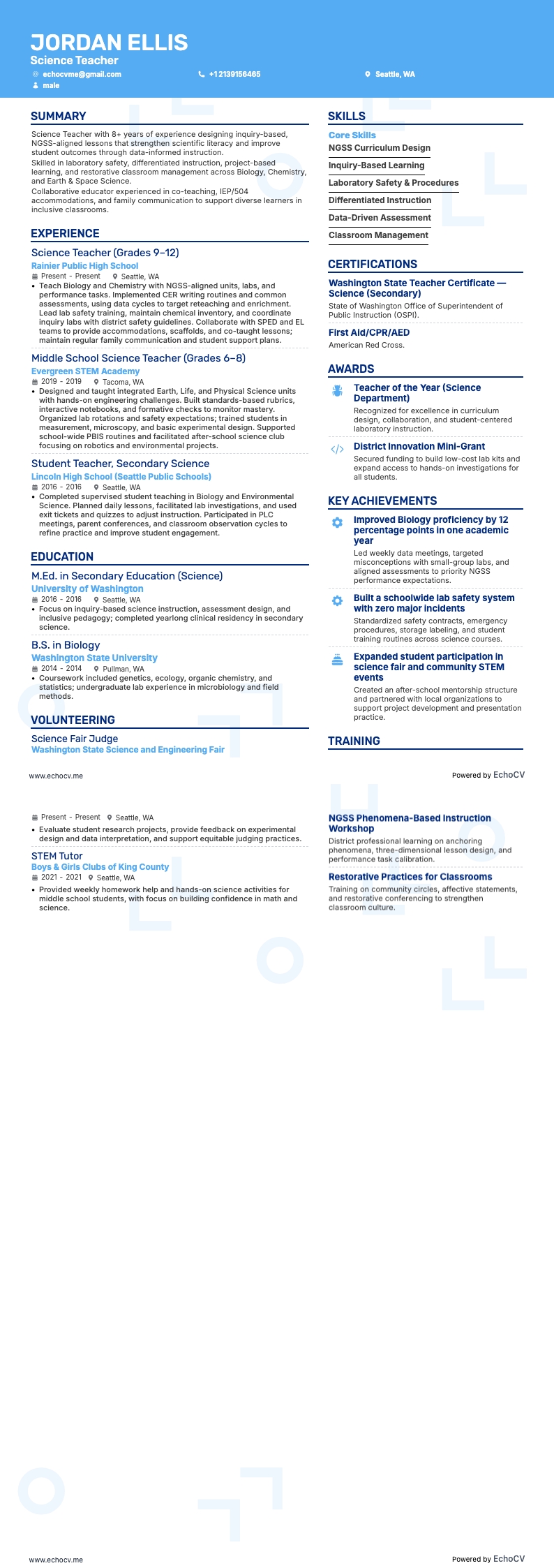 Docent natuurwetenschappen example resume