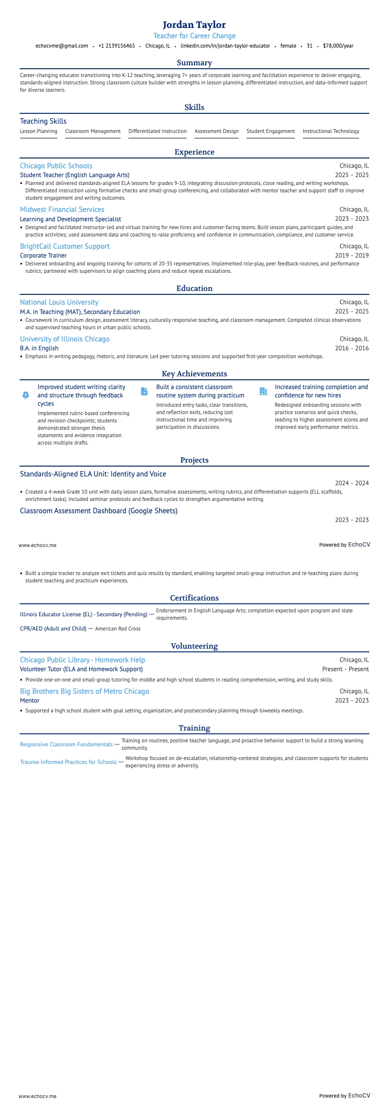 Leraar voor carrièreswitch example resume