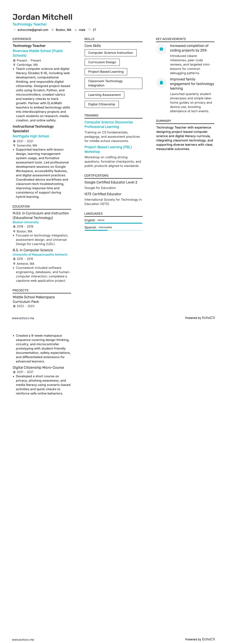 Technologiedocent example resume