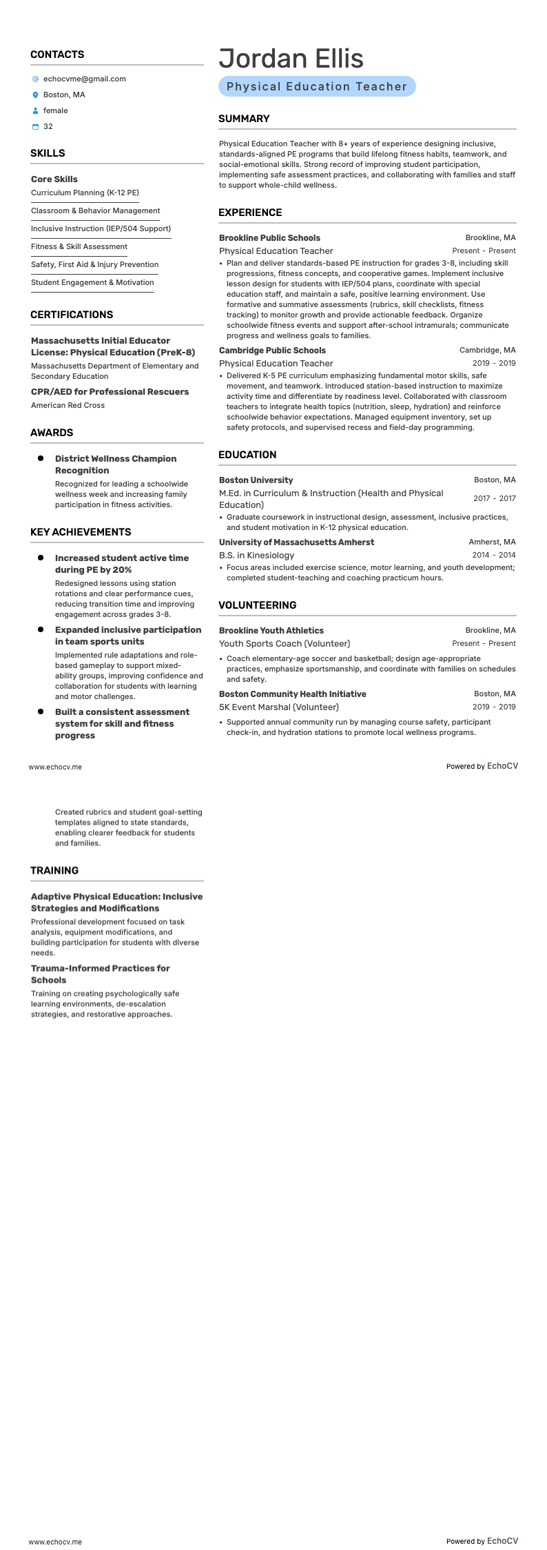 Leraar lichamelijke opvoeding example resume