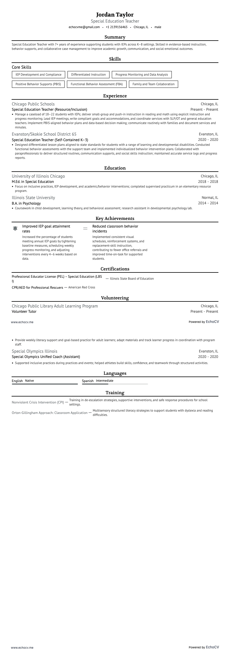 Docent speciaal onderwijs example resume