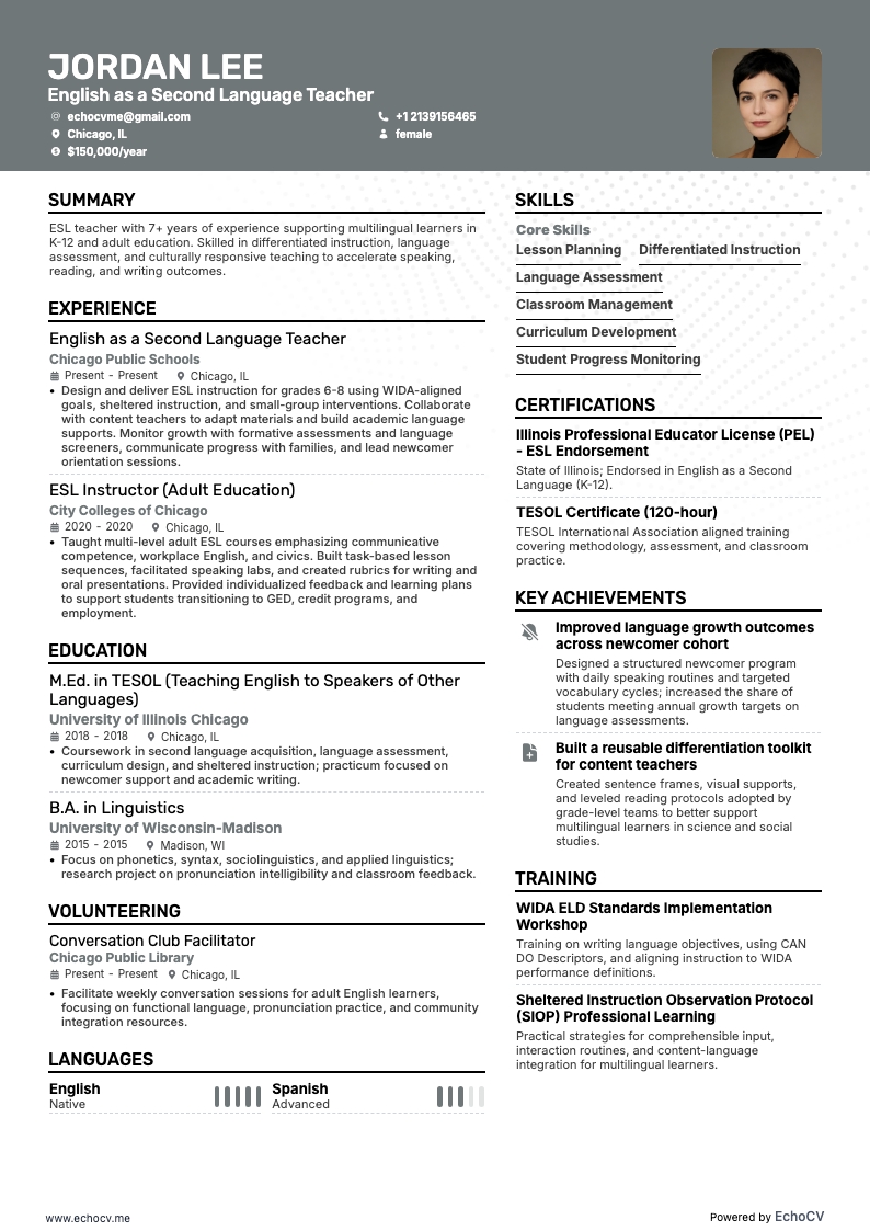 Docent Engels als tweede taal example resume