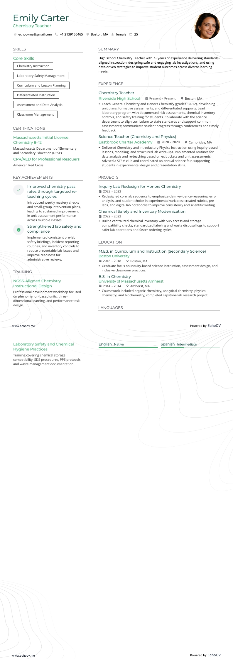 Scheikundeleraar example resume