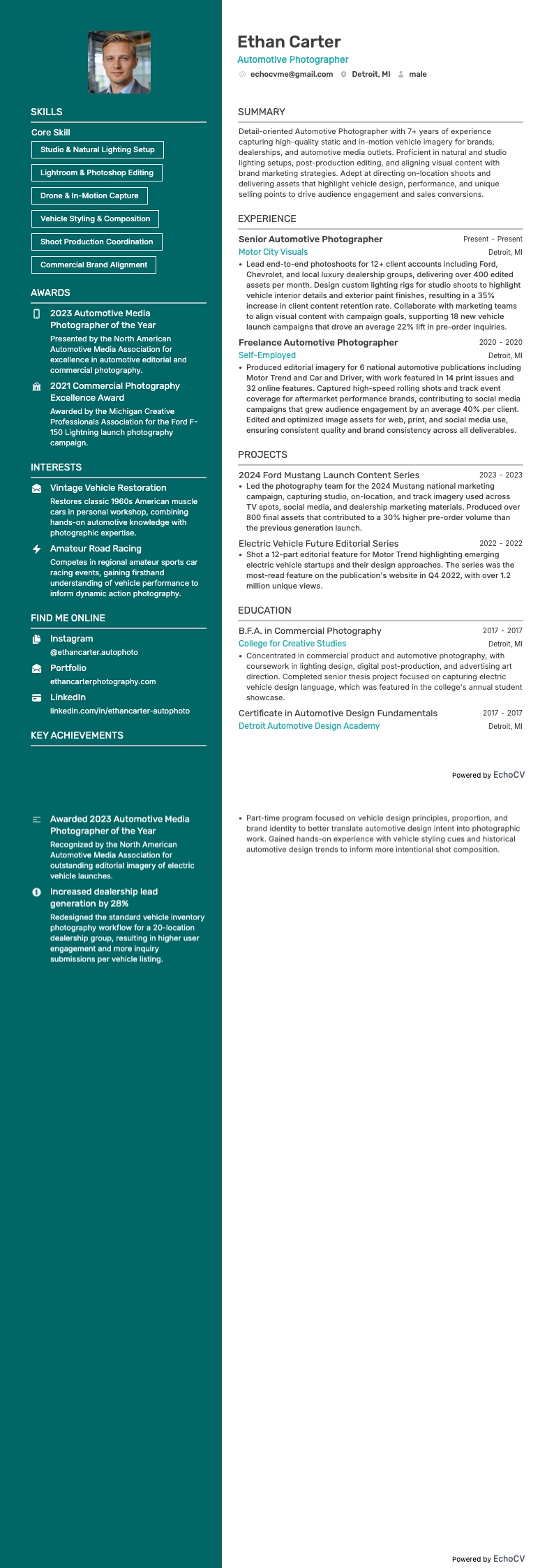 Automotive Photographer example resume