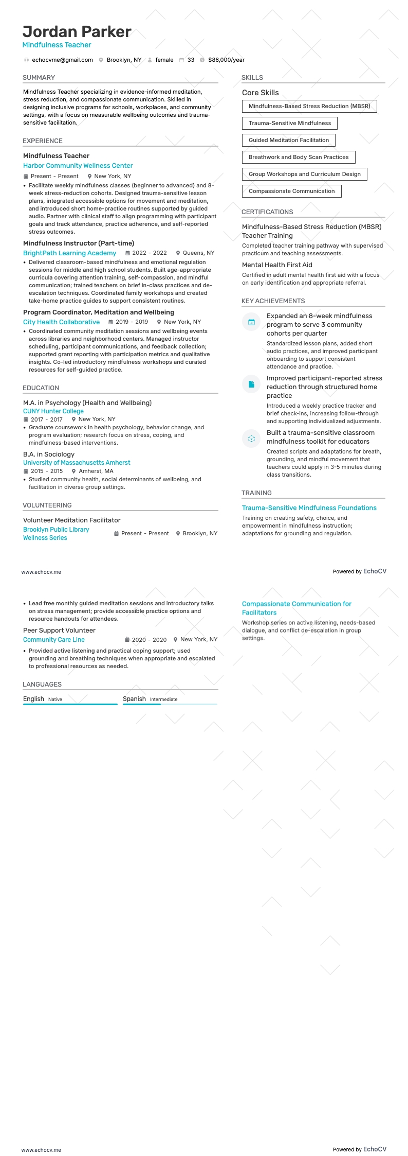 Mindfulnessdocent example resume