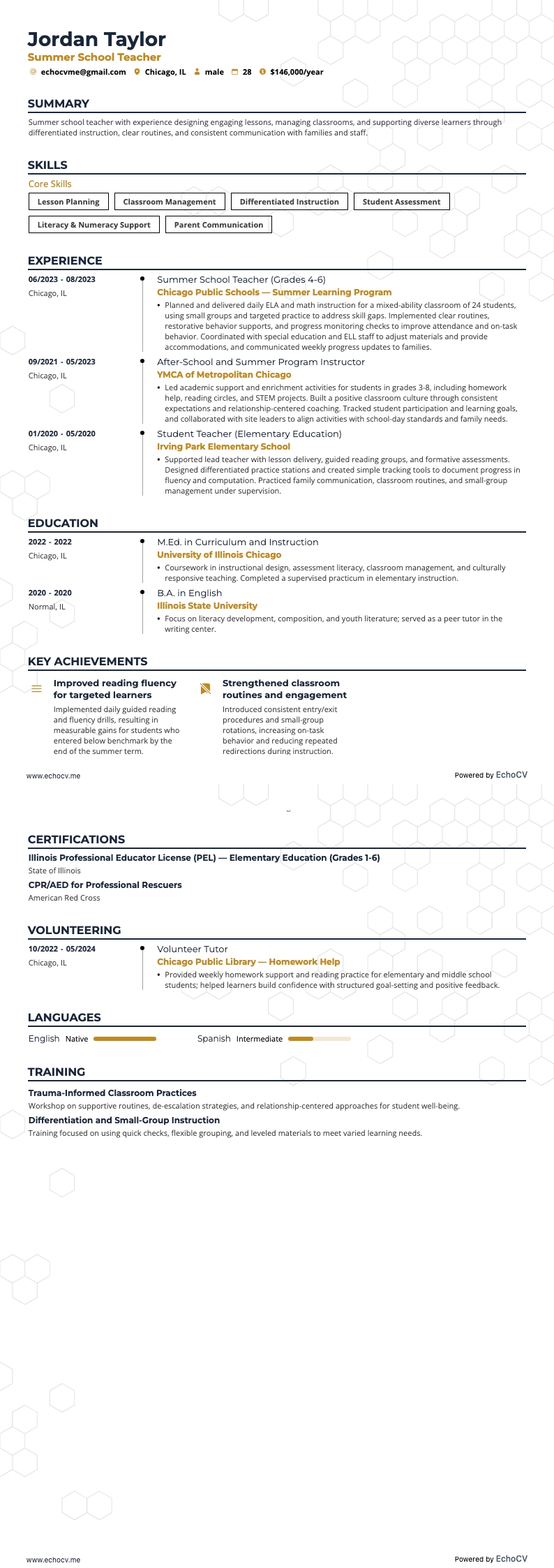 Leraar zomerschool example resume