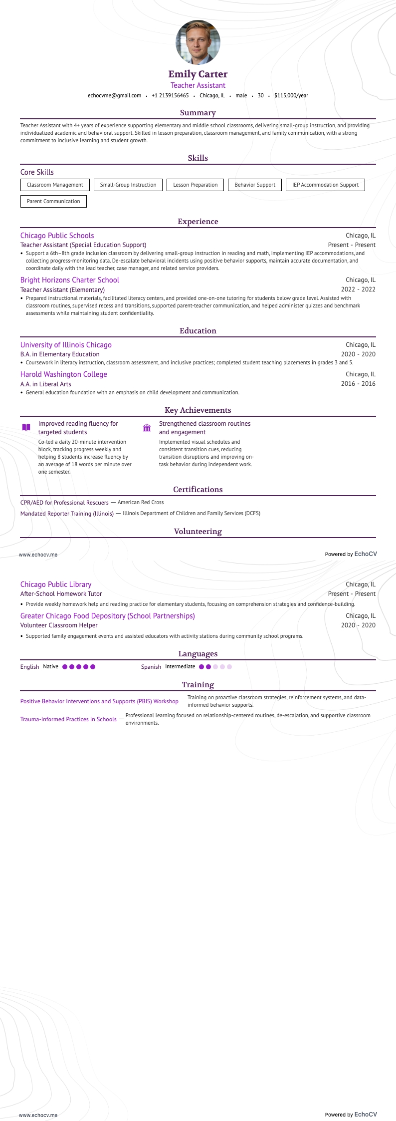 Onderwijsassistent example resume