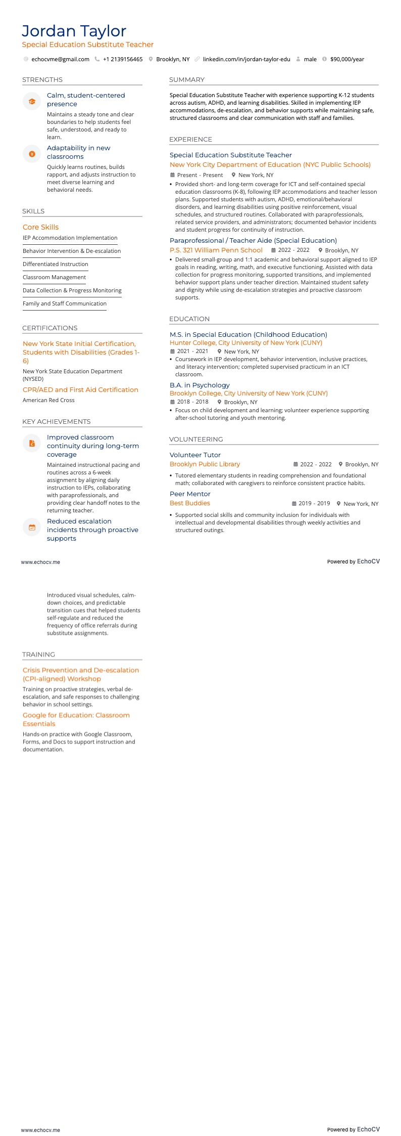 Special Education Substitute Teacher example resume