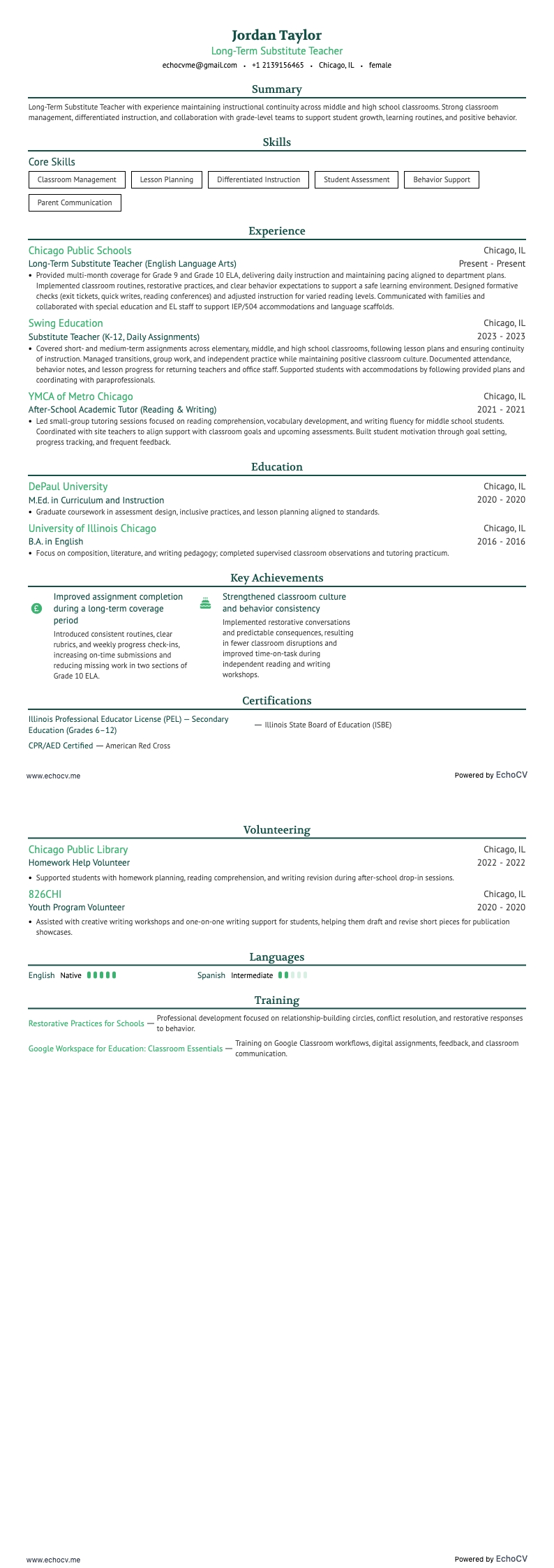 Long-Term Substitute Teacher example resume