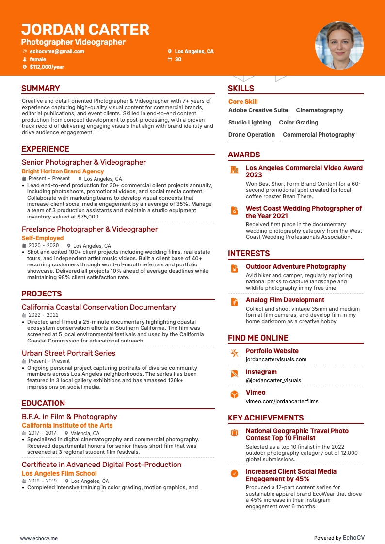 Photographer Videographer example resume