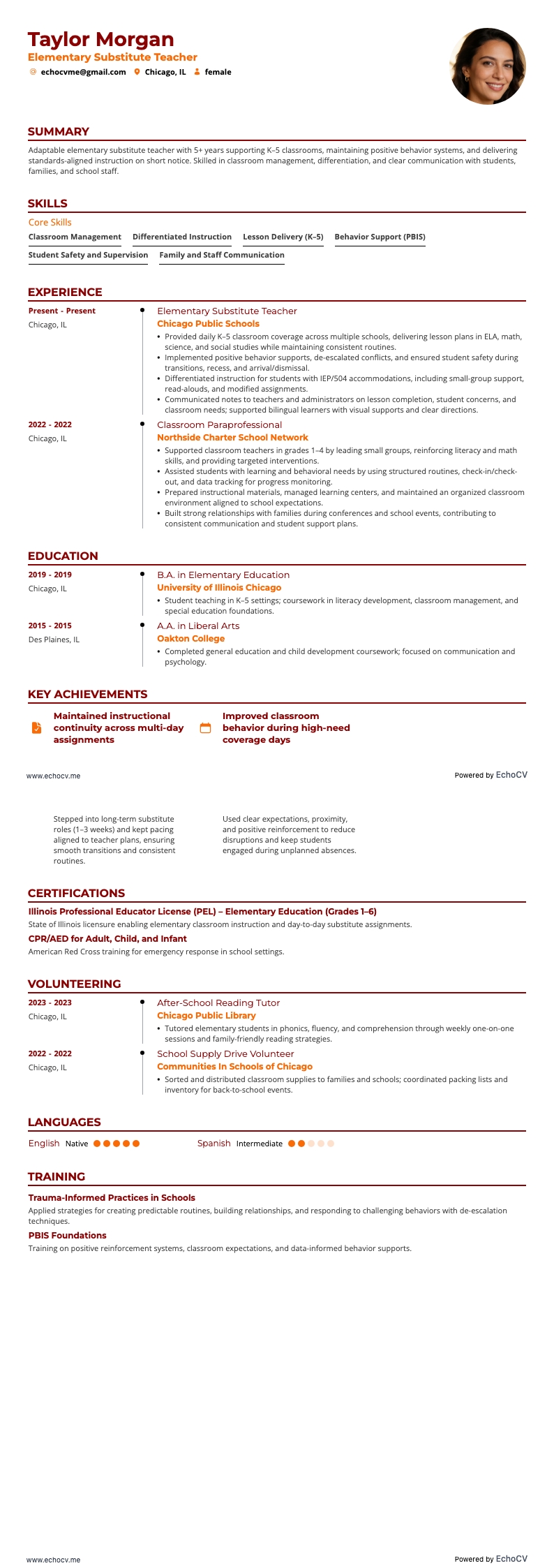 Elementary Substitute Teacher example resume