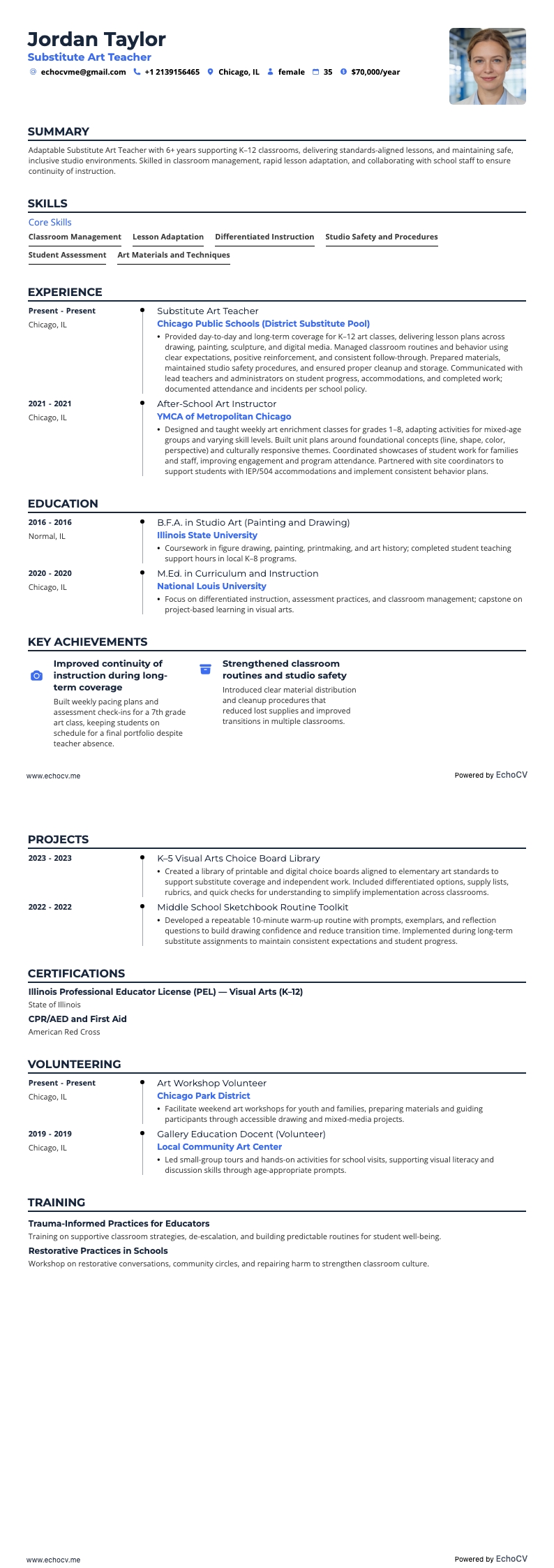 Substitute Art Teacher example resume