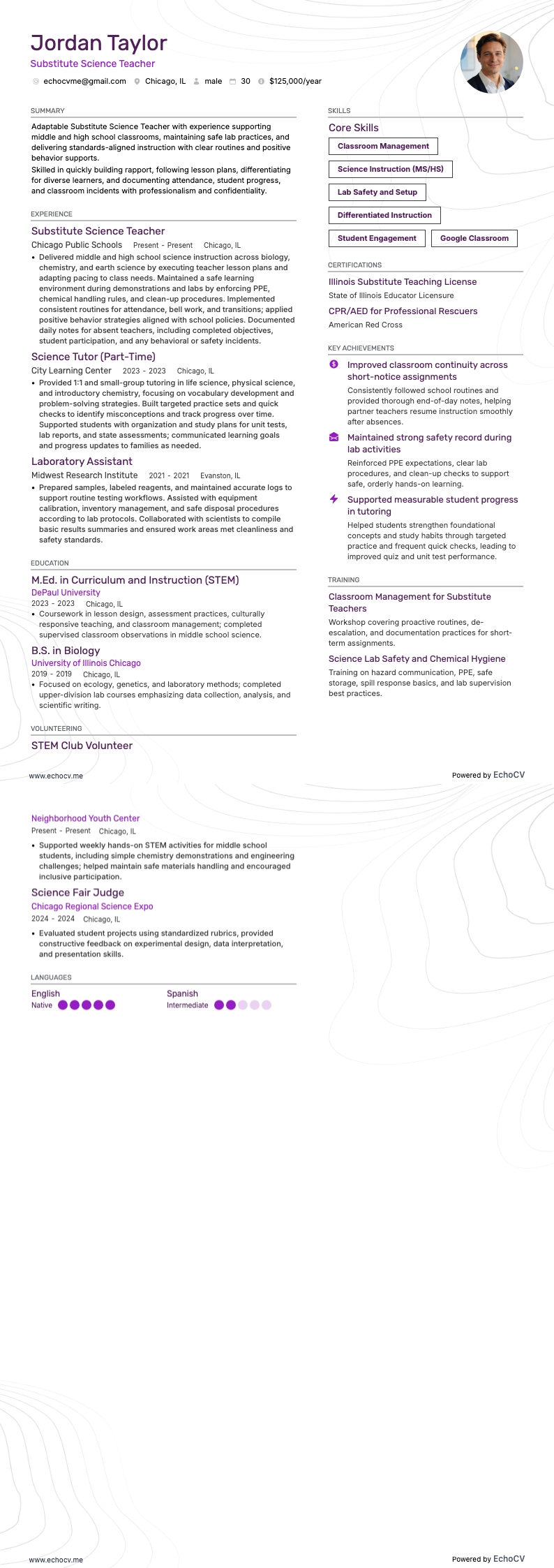 Substitute Science Teacher example resume