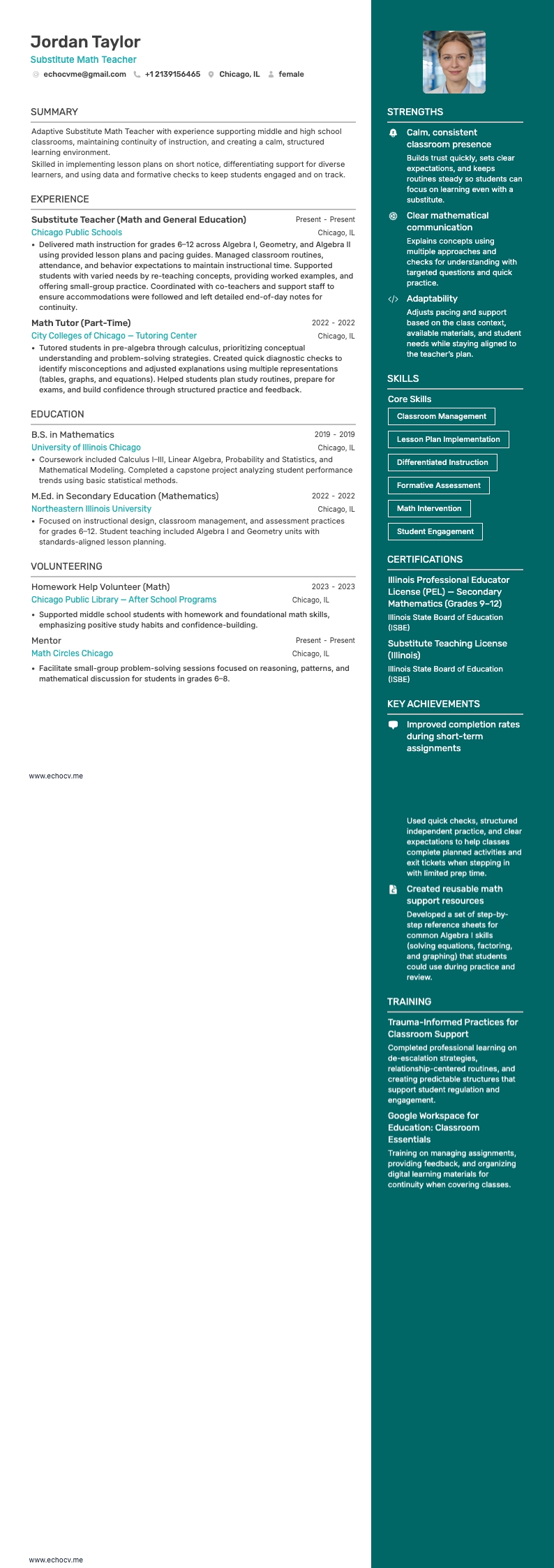 Substitute Math Teacher example resume