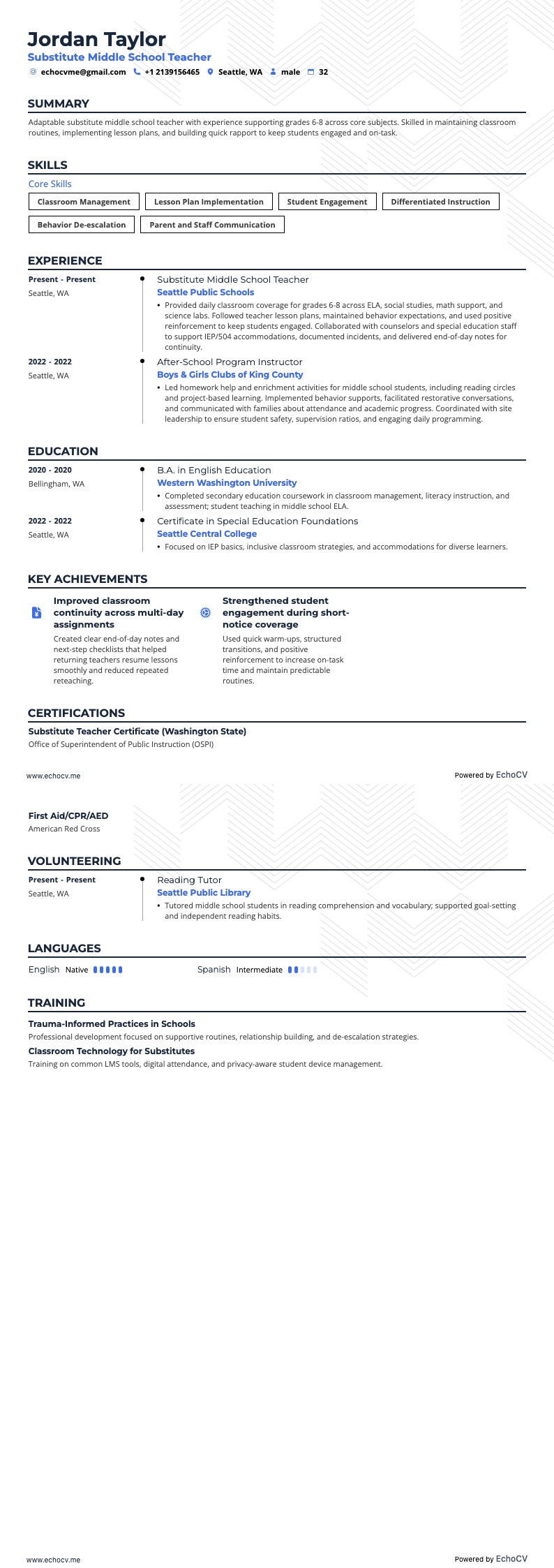 Substitute Middle School Teacher example resume